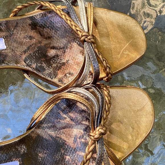 Manolo Blahnik Brown & Gold Strappy Kitten Heels - Picture 6 of 13